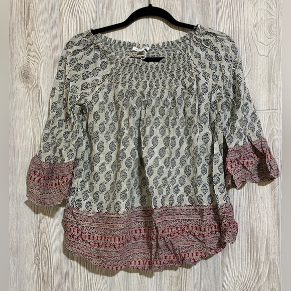 Beach Lunch Lounge Boho Print Smocked Loose Fit  Peasant Blouse Top XS - Picture 1 of 9